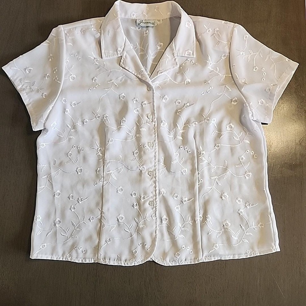Vtg 80s 90s Joanna White Embroidered Short Sleeve Blouse Button Up Floral Summer